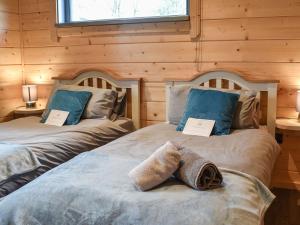 Lindal in FurnessPine Lodge - Uk30007的木墙客房的两张床