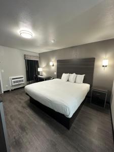 WagonerSleepy Traveler Motel的卧室配有一张带白色床单和枕头的大床。