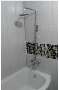 奇帕塔Faigib Guest House的白色浴室设有淋浴和浴缸。