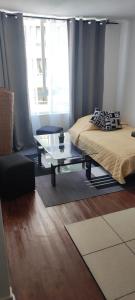 圣地亚哥santiago centro的一间卧室配有一张床和一张玻璃桌