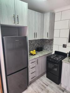 布隆方丹SiBella guest house的厨房配有不锈钢冰箱和炉灶。