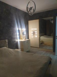 Nizhnyaya AlekseyevkaLucky home的一间卧室配有一张床和一面大镜子