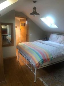 罗斯克里Hopesgate Cottage - Roscrea的一间卧室配有一张带彩色毯子的床