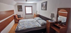 兹蒂尔Vilka Stefi的一间卧室配有一张床、镜子和椅子
