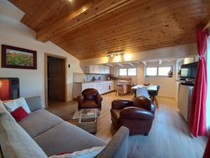 博萨迪法萨Chalet Relax的带沙发和椅子的客厅以及厨房。