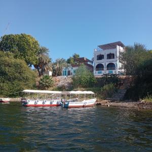 阿斯旺Golden nubian guesthouse的两艘船停靠在河上,有房子