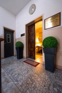 佛罗伦萨古老佛罗伦萨食宿客栈的走廊上设有门和两盆植物