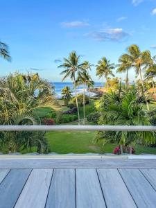 科洛阿Honu He'e Nalu - The Surfing Turtle - Ocean & Beachfront! Stunning Views!的从门廊上可欣赏到大海和棕榈树的景色