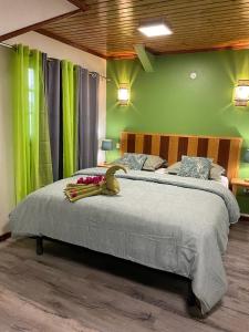 萨拉济BEC ROZ'的一间卧室设有一张带绿色墙壁的大床