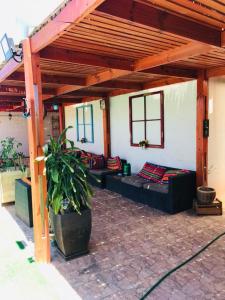 伊基克Casa con Piscina privada en Pica的一个带顶棚、沙发和盆栽的庭院