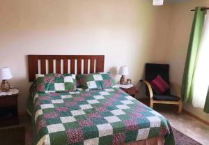 伊基克Casa con Piscina privada en Pica的一间卧室配有一张带绿色和白色被子的床