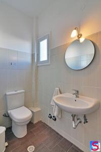 阿波罗尼亚Soultana Rooms & Studios的一间带卫生间、水槽和镜子的浴室