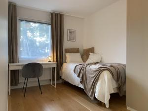 哥德堡Luxurious villa with free parking的一间卧室配有一张床、一张书桌和一个窗户。