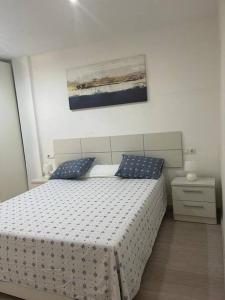 克雷维连特Lujoso y amplio apartamento en Crevillente的一间卧室配有一张带蓝色枕头的床。