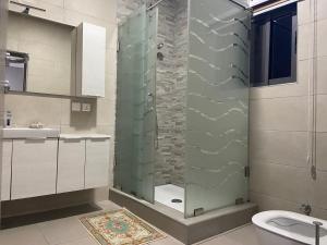 阿克拉Queens View Apartment的带淋浴、卫生间和盥洗盆的浴室