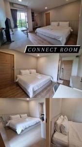 曼谷 普里玛住宿酒店 - SHA Certificate的两张照片,一间设有两张床的房间和一间连通房