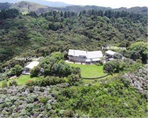 TawharanuiKākā Ridge Retreat Bush Hideaway的森林中间房屋的空中景观