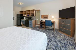 爱达荷福尔斯爱达荷福尔斯烛木套房酒店的酒店客房配有一张床、一张书桌和一台电视。
