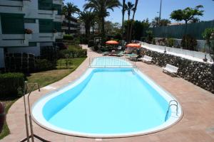 英格兰海滩Apartamentos Maba Playa的一个带椅子和遮阳伞的大型蓝色游泳池