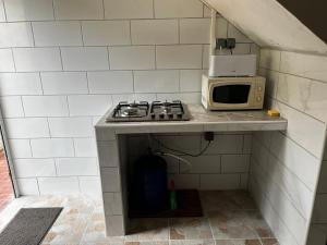 Saint-PierreL'Escale du Mouillage的一间带炉灶和微波炉的小厨房