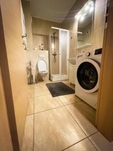 奥拉迪亚Prima Residence Apartment的一间带洗衣机和卫生间的浴室