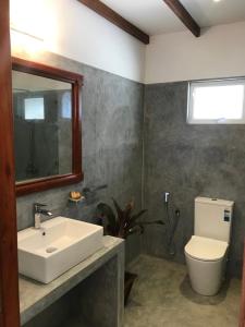 米瑞莎Bali Villa Mirissa的一间带水槽、卫生间和镜子的浴室