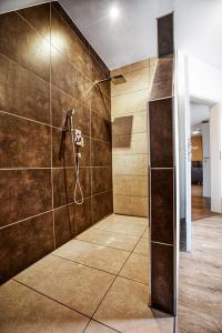 希尔德堡豪森Moderne Ferienwohnung Hildburghausen - FeWo 1的浴室设有棕色瓷砖和淋浴。