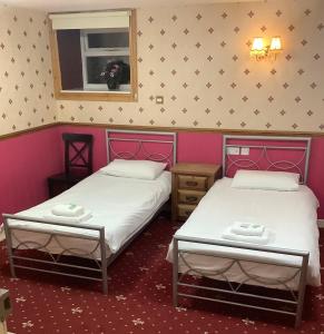 温德米尔温德米尔湖旅馆的配有粉红色墙壁的客房内的两张床