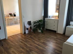 美因茨APT im Herzen von Mainz的客厅铺有硬木地板,配有植物
