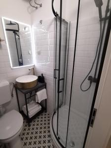 斯普利特Apartment Vespa & Jacuzzi的带淋浴、卫生间和盥洗盆的浴室