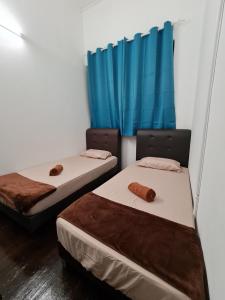 乔治市Amilite Heritage Villa的配有蓝色窗帘的客房内的两张床