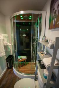 卡斯特EO Bungalows, Black Hills的带淋浴的浴室和玻璃门