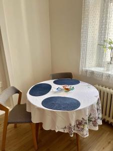 布拉格Apartmán Colette的一张桌子上布满了蓝白的桌布