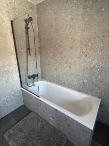 布鲁日A la Vida的带浴缸的浴室和玻璃墙
