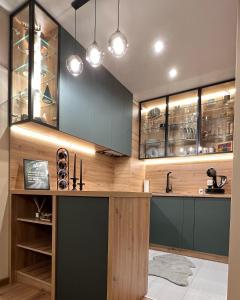 波罗维茨The Green apartment的厨房配有绿色橱柜和带酒杯的吧台