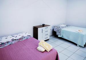 伊瓜苏Ikigai Brasil Houses的一间卧室配有两张床和一个带毛巾的梳妆台。