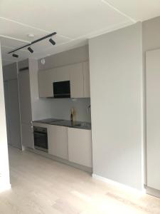 斯德哥尔摩Solna Property Apartment的白色的厨房设有水槽和炉灶。