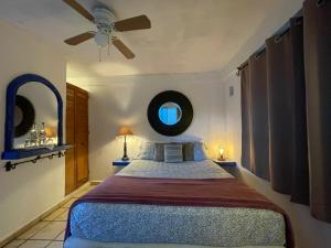 圣何塞德尔卡沃帕萨达斯诺尔马纳纳酒店的一间卧室配有一张带吊扇和镜子的床