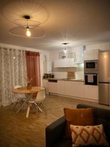 奥尔良Nature&Spa Appartement avec Jacuzzi & Sauna privé的带沙发和桌子的客厅以及厨房。