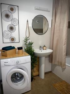 奥尔良Nature&Spa Appartement avec Jacuzzi & Sauna privé的一间带洗衣机和水槽的浴室