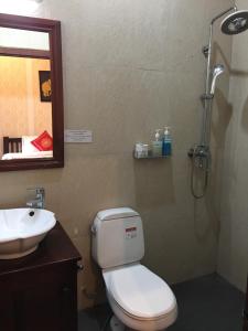 琅勃拉邦Luang Prabang Pangkham Lodge的浴室配有卫生间、盥洗盆和淋浴。