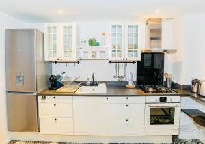 拉昂Nid douillet La Cour du Dauphin, Vue cathédrale imprenable的厨房配有白色橱柜和不锈钢冰箱