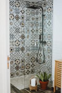 萨拉济Villa Couleur Nature的一间带淋浴的浴室和瓷砖墙