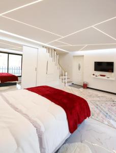 SharīyahRed_Hut_Resort的一间大卧室,配有一张大床和一台电视