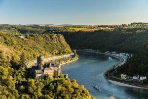 Patersberg#1 Studioapartment mit Loreleyblick direkt an der schönsten Etappe des Rheinsteigs的享有城堡和河流的空中景致