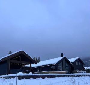 弗罗达尔Ny eksklusiv hytte i Vrådal med perfekt beliggenhet- Alpin og ski的屋顶上积雪的建筑