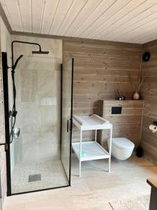 弗罗达尔Ny eksklusiv hytte i Vrådal med perfekt beliggenhet- Alpin og ski的带淋浴和卫生间的浴室