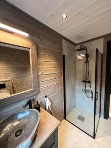 弗罗达尔Ny eksklusiv hytte i Vrådal med perfekt beliggenhet- Alpin og ski的一间带水槽和淋浴的浴室