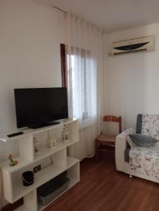 米拉Appartamento Malcontenta的客厅设有白色架子上的平面电视。