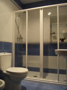 TorínFinca el Palacio的带淋浴、卫生间和盥洗盆的浴室